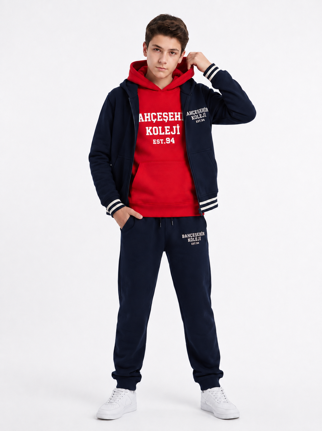 Bahçeşehir Koleji Kırmızı Kapüşonlu Sweatshirt + Koyu Lacivert Kolej Ceketi + Eşofman Altı 3 iplik Set